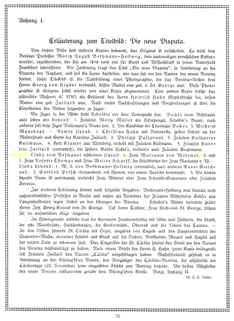 Erläuterung zur Zeichnung "Die neue Disputa", aus: Hundert Jahre Cäcilien-Verein, Frankfurt am Main 1918, S. 32