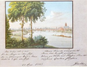 Blick von der Gerbermühle 1815 Aquarell von Rosina Städel mit Widmung Goethes